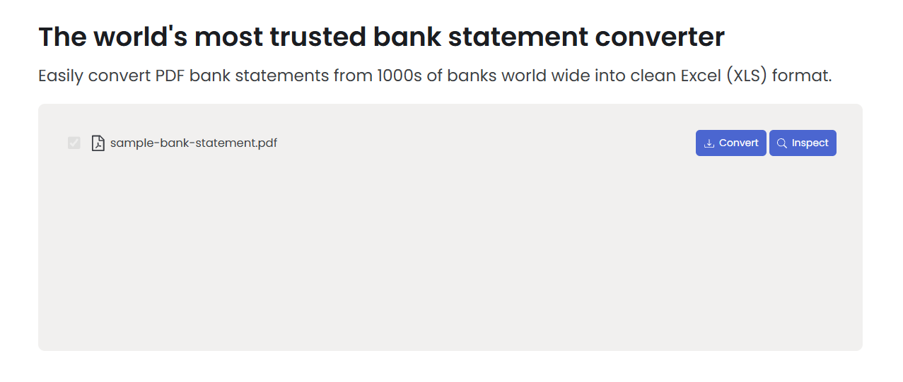 BankStatementConverter.com tool screen with the sample statement, with the option to convert or inspect the file