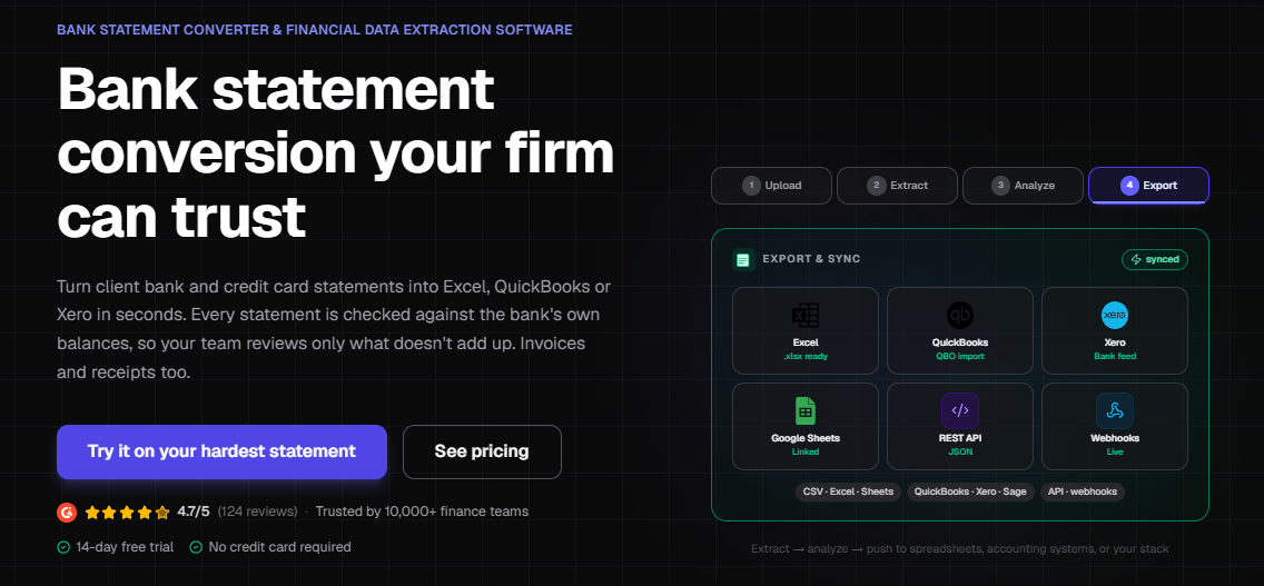 Screenshot of the DocuClipper homepage section with CTAs to sign up and try the converter or see pricing and plans