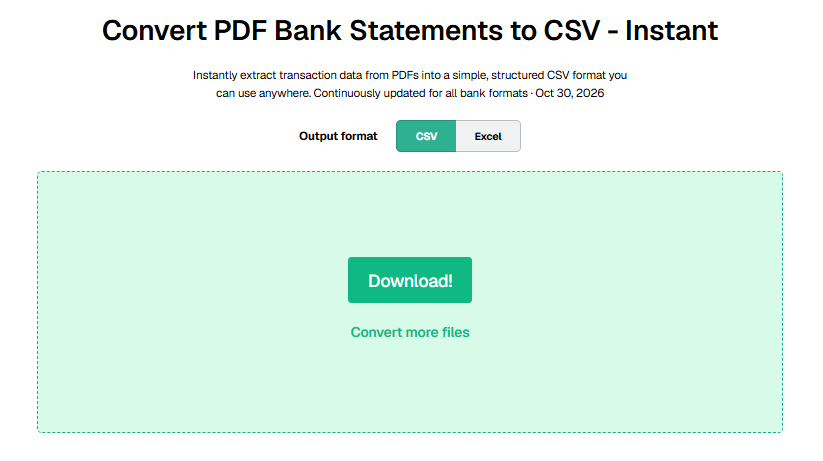 Finance File Converter tool with the converted sample PDF statement, with the option to download the CSV file or convert more files