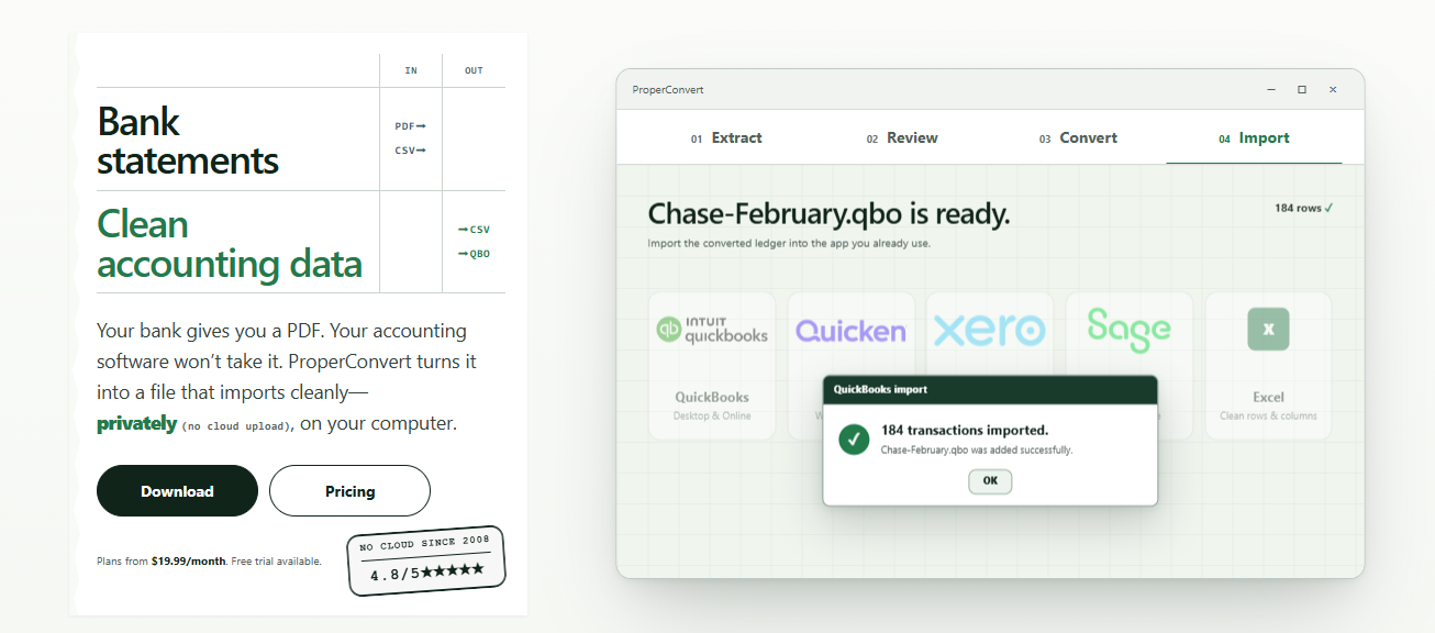 Screenshot of the ProperSoft homepage section with CTAs to download their bank statement converter or see pricing